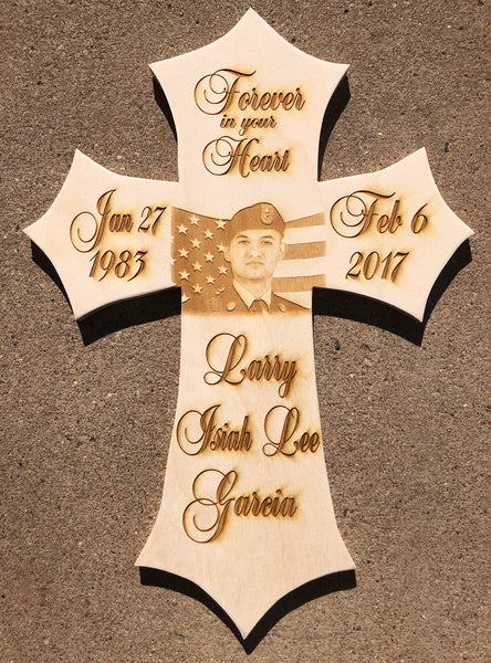 Personalized Wood Photo Cross Decor - Baltic Birch Natural Wood - Forever in our Hearts